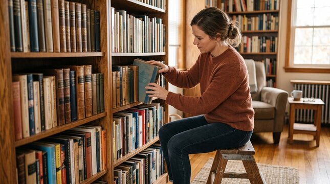 Woman sitting on a step stool reaching for a book on a shelf in a cozy library room