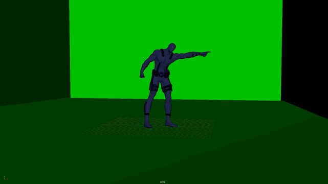 3D humanoid character standing and pointing across the scene with one extended arm, creating a strong directional gesture with a stable full body stance, suitable for animation and visualization.