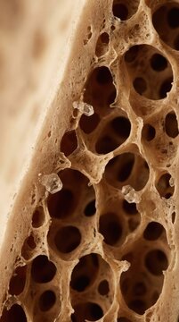 Weakened bone framework: porous structure, skeletal fragility, density reduction, calcium mineral, tissue breakdown, cellular degeneration, health problem.