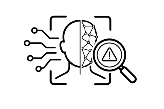 Conceptual diagram illustrating potential security vulnerabilities and data privacy concerns in artificial intelligence-powered facial recognition and biometric identification systems with a warning