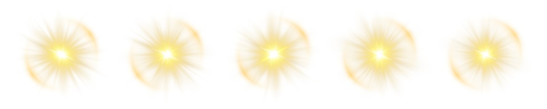 Gold light rays starburst icons set with glowing flare centers and red-orange spark edges, isolated on transparent background.