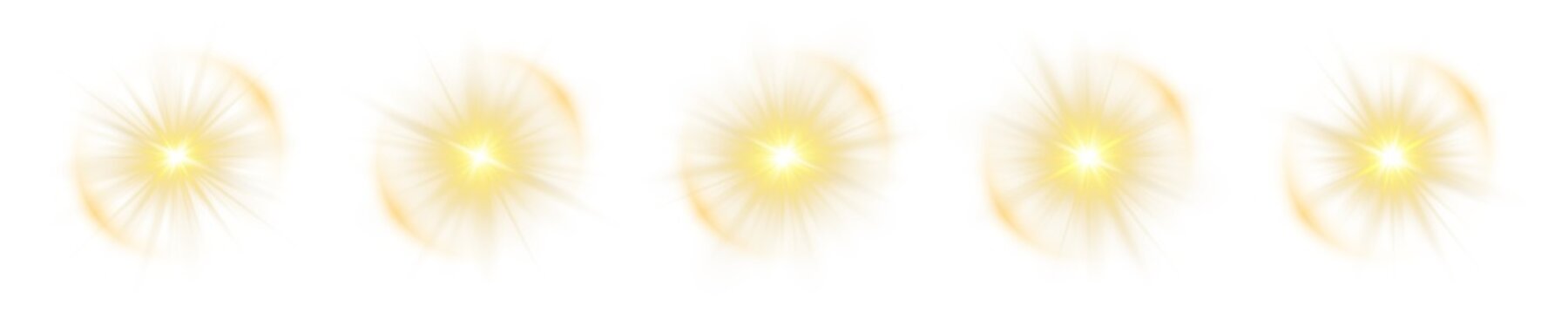 Collection of glowing gold light star icons with radiant rays, spark highlights and transparent background.