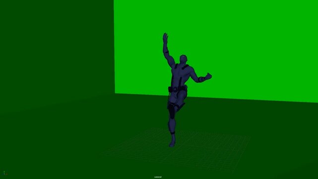 3D humanoid character standing with one arm raised overhead, presenting a reaching or signaling pose with clear shoulder movement and full body alignment, suitable for animation and choreography.