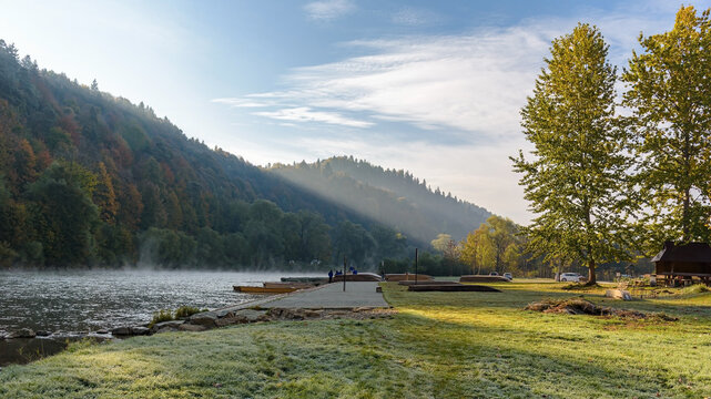 Misty autumn morning at a Dunajec River landing in Sromowce Nizne