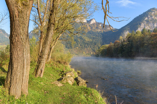 Morning mist drifts over the Dunajec River in the Pieniny Mountains