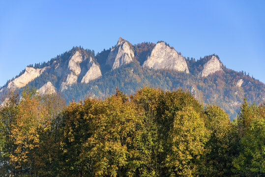 Trzy Korony limestone peaks above autumn trees in the Pieniny Mountains