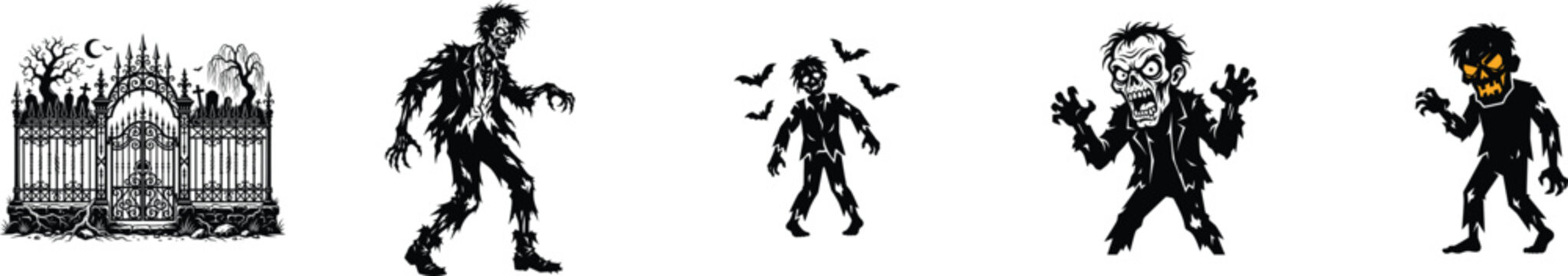 Halloween zombie characters and cemetery gate vector illustration set