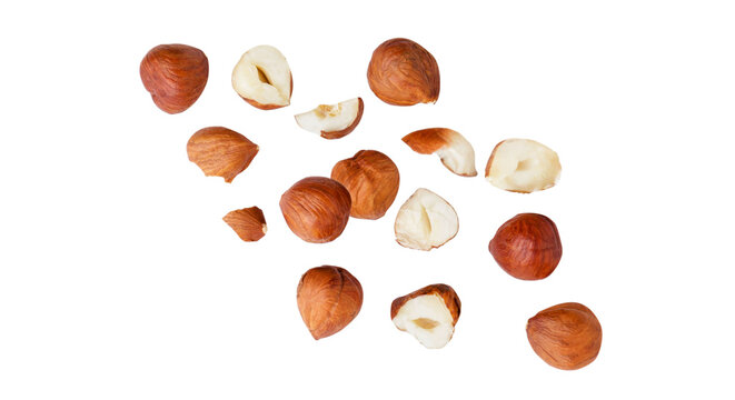 Fresh hazelnuts whole and peeled halves scattered isolated on black background