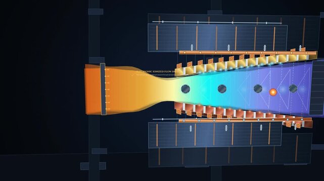 3D animation of a magnetohydrodynamic plasma converter showing supersonic ionized flow transverse magnetic flux Lorentz force divergence and segmented Faraday electrode arrays for energy extraction