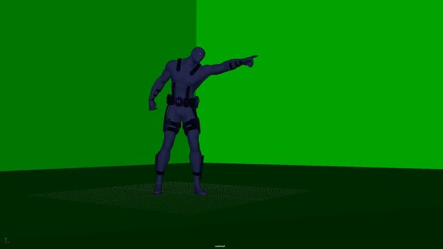 3D humanoid character standing upright while extending one arm to point, presenting a simple readable gesture with centered posture for character animation, suitable for animation and production.