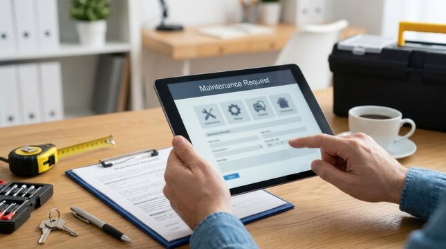 rental property maintenance request Person using tablet displaying maintenance request form at workspace