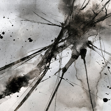 Black ink splatter with thin radiating brush strokes on gray paper
