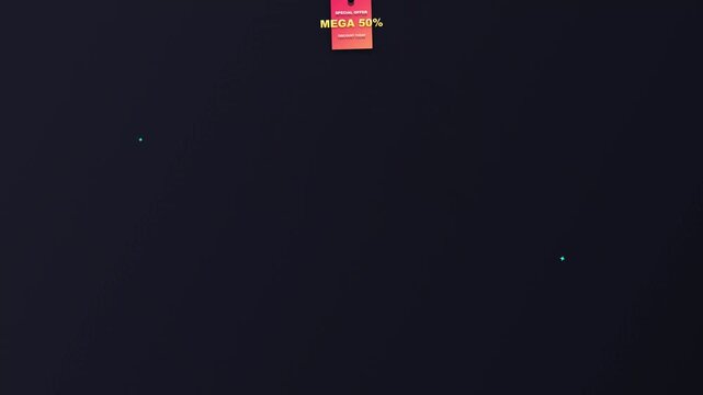 Prominent 'MEGA 50%' discount tag stands out against a sleek, dark background, symbolizing a compelling sales event and enticing promotional offer for a modern retail campaign