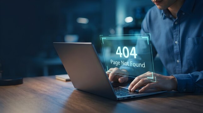 404 page not found error on laptop, futuristic web system glitch, digital error display