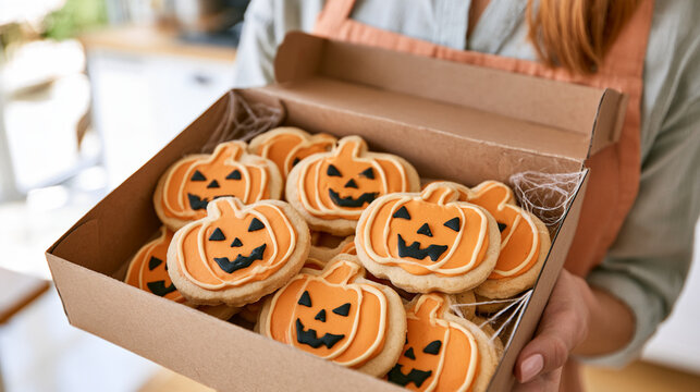 Homemade Halloween Cookie Box with Pumpkin and Spider Web Decorations