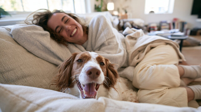 Candid Moments of Person Laughing with Dog on Sofa in Cozy Lived-In Living Room