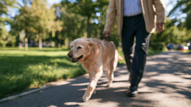 Compassionate Pet Owner Helping Senior Dog Walk Through Quiet Park