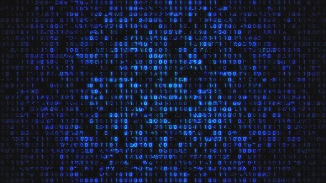 Abstract digital binary code flows across dark screen, futuristic technology data stream, modern cyberspace motion graphic.