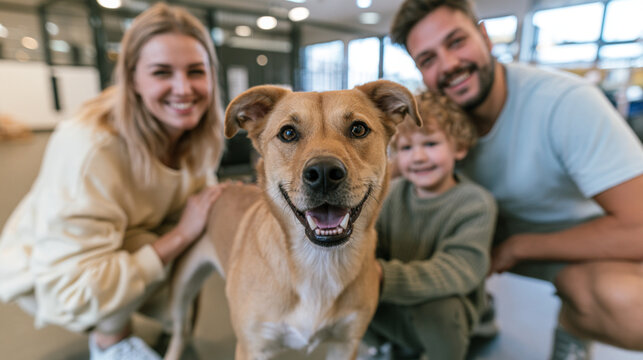 Blurred Family Meeting Shelter Dog for the First Time at Animal Adoption Center