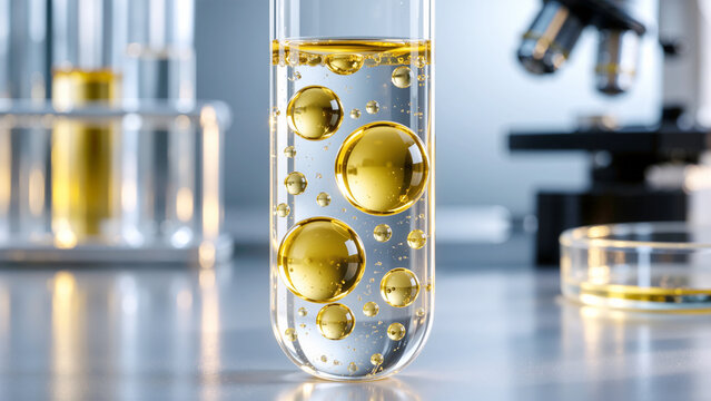 Scientific Glass Test Tube with Golden Oil Droplets and Liquid Serum Bubbles in Laboratory Research Facility