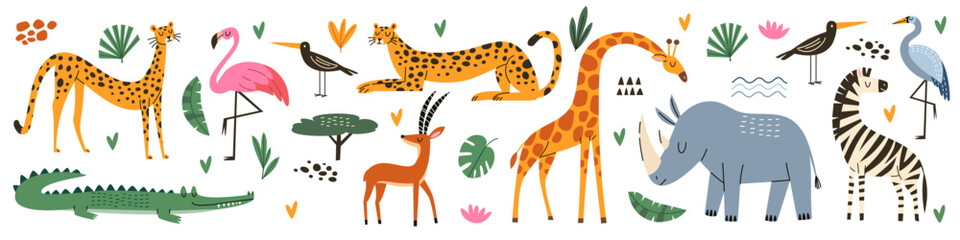 Obraz premium Cute safari animal collection featuring giraffes, cheetahs, zebra, rhinoceros, crocodile, flamingos, antelope and tropical birds with botanical elements. Flat vector illustration in playful handdrawn