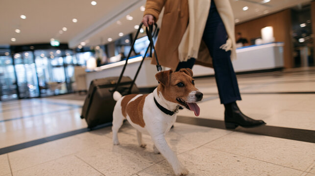 Blurred Traveler with Suitcase and Dog Arriving at Modern Pet Friendly Hotel Lobby