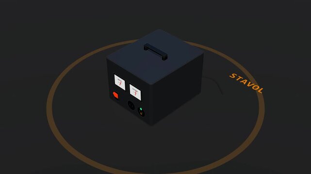 An isometric CAD-style 3D Automatic Voltage Regulator (Stavol) powers on: the red rocker switch depresses, input/output analog voltmeters display voltage stabilization to 220V, status LEDs illuminate,