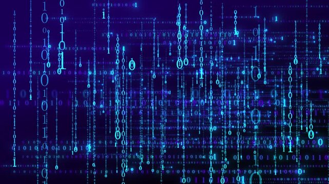 Abstract digital data stream flowing downward, binary code animation with glowing blue digits against dark background motion graphic.
