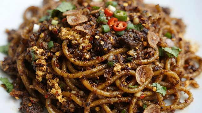 Texture close up of a mie Bangladesh from Indonesia. North Sumatran and Aceh cuisine, Southeast Asian noodle variant, stir fried foods, main course assets