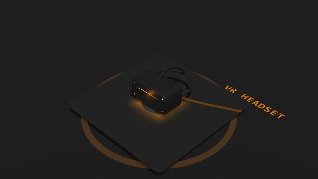 A dark isometric CAD-style 3D VR Headset based on ergonomic standalone VR design with front camera sensors, nose notch contour, side arms, top headband, and ground-level shockwave pulse. 8-second 4K s