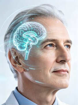 Mature man profile with cyan holographic brain mapping