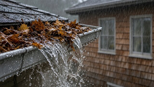 Clogged Rain Gutter Overflowing with Autumn Leaves and Heavy Rain Water