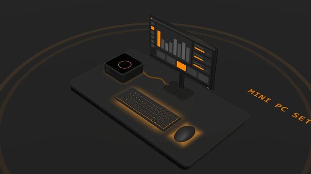 A dark isometric CAD-style 3D Mini PC workspace powers on: the compact mini PC power button sends an orange signal along the cable, the monitor boots a custom UI, and the keyboard and mouse light up,