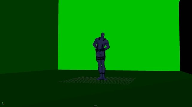 3D humanoid character standing with one hand placed near the waist, presenting a balanced full body stance with a centered torso and relaxed leg position, suitable for animation and choreography.