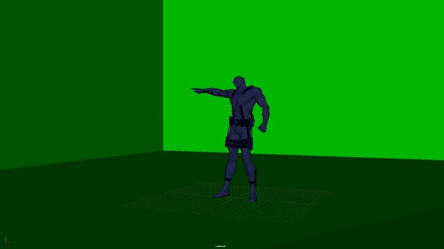 3D humanoid character extending one arm to point sideways, presenting a distinct directional gesture with upright posture for animation reference and motion study, suitable for design and cinema.