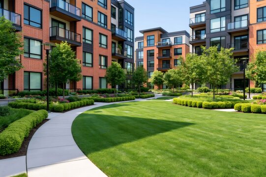 Modern apartment building courtyard with green lawn and landscaping