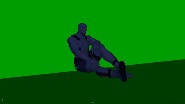 3D humanoid character sitting on the floor with legs positioned forward, presenting a grounded seated action pose with visible leg placement and body balance, suitable for animation and blocking.