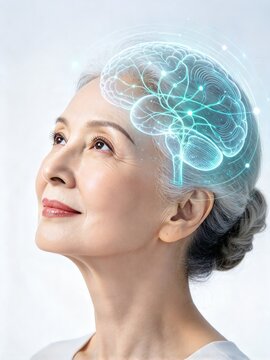Woman looking up with cyan digital brain neural mapping