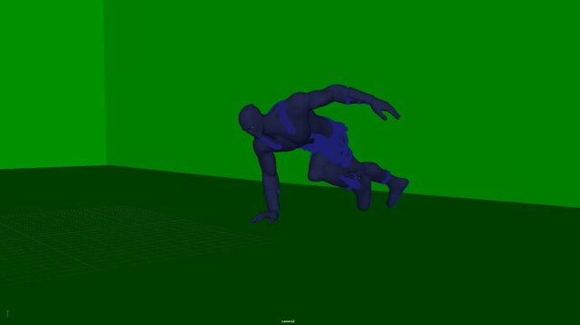 3D humanoid character dropping into a deep one knee crouch with one arm raised, showing an athletic action pose with lowered hips and asymmetric body balance, suitable for animation and blocking.