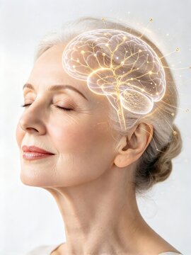 Elegant woman side profile with golden digital brain mapping