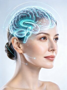 Female portrait with cyan glowing digital brain mapping