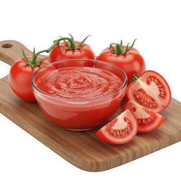 Wooden cutting board with tomato paste and fresh tomatoes isolated