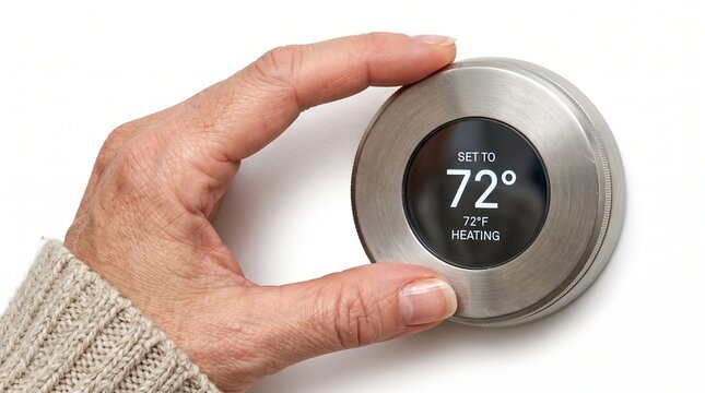 Mature adult adjusting smart thermostat to 72 degrees heating in cozy