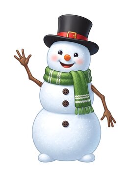 Cute snowman waving hello wearing a green knitted scarf and black top hat isolated on white background