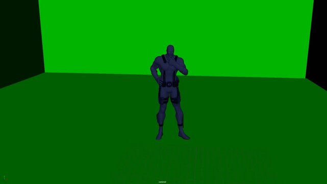 3D humanoid character standing upright with one hand near the hip, presenting a relaxed neutral stance with clear full body proportions and posture, suitable for animation, compositing, and film.