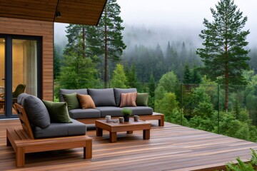 Fototapeta premium Modern terrace outdoor furniture overlooking foggy forest