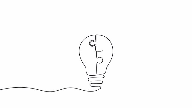 Continuous one line drawing of electric light bulb made of puzzle pieces. Single line drawing light bulb and jigsaw puzzles. 4K video animation with alpha channel.
