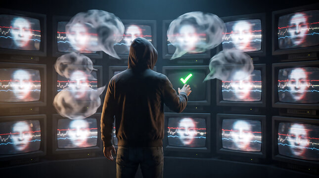 Anonymous person from behind facing wall of screens with distorted faces and verification checkmark, AI disinformation concept
