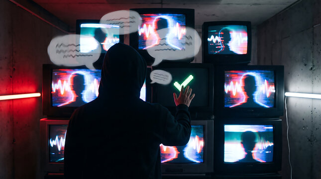 Anonymous person from behind facing wall of screens with distorted faces and verification checkmark, AI disinformation concept