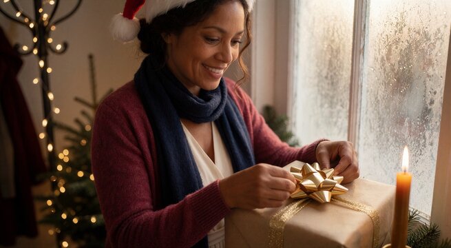 Cozy Christmas home preparation as a woman delicately finishes wrapping a gift with a gold bow near a frosted window.